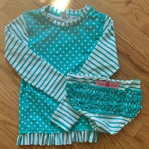 Ruffle Butts Aqua Polka Dot and Stripe Rashguard Set